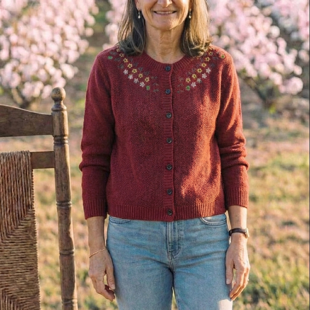 Cotton Crew Neck Cardigan with Embroidered Neckline