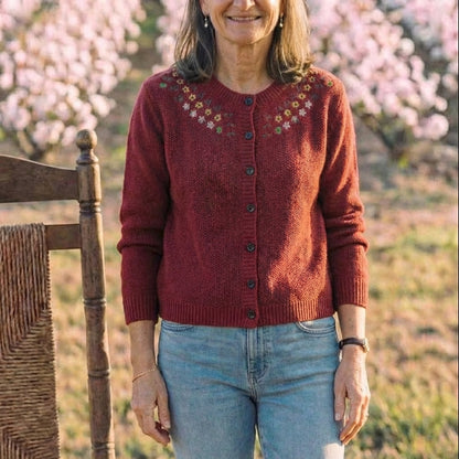 Cotton Crew Neck Cardigan with Embroidered Neckline