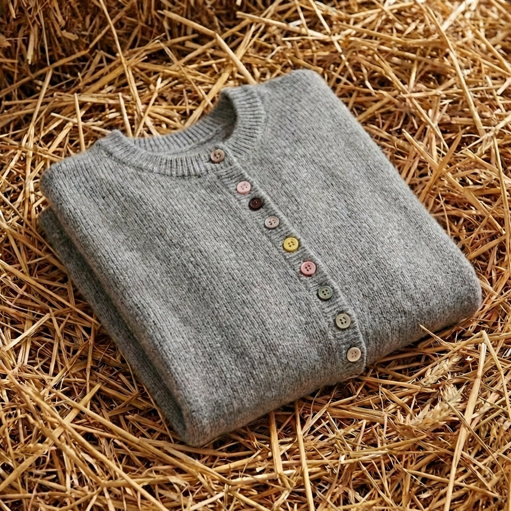 Cotton Crew Neck Cardigan with Multicolor Buttons