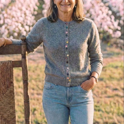 Cotton Crew Neck Cardigan with Multicolor Buttons