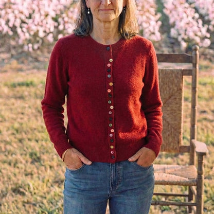 Cotton Crew Neck Cardigan with Multicolor Buttons