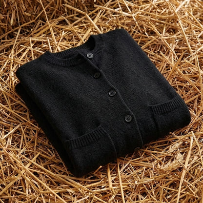 Cotton Crew Neck Cardigan with Ribbed Knit