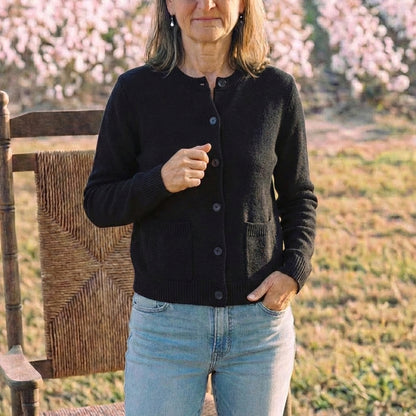 Cotton Crew Neck Cardigan with Ribbed Knit