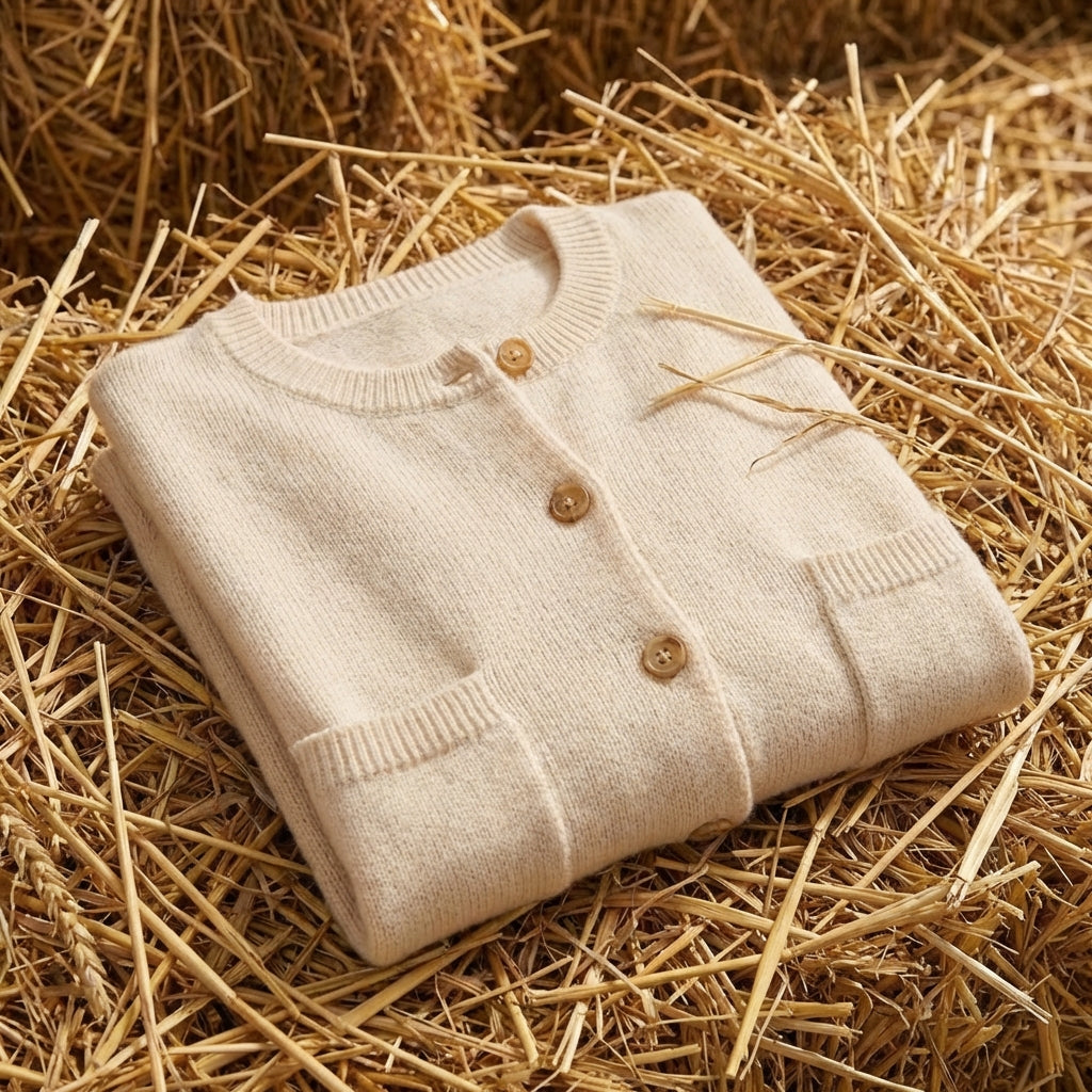 Cotton Crew Neck Cardigan with Ribbed Knit