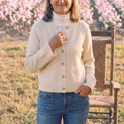Cotton Crew Neck Cardigan with Ribbed Knit