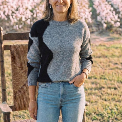 Cotton Crew Neck Sweater with Color-Block Sleeves