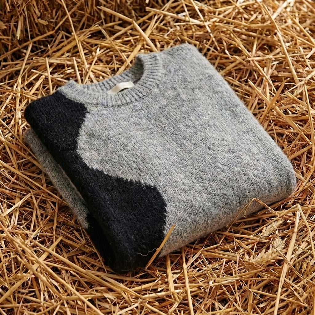 Cotton Crew Neck Sweater with Color-Block Sleeves
