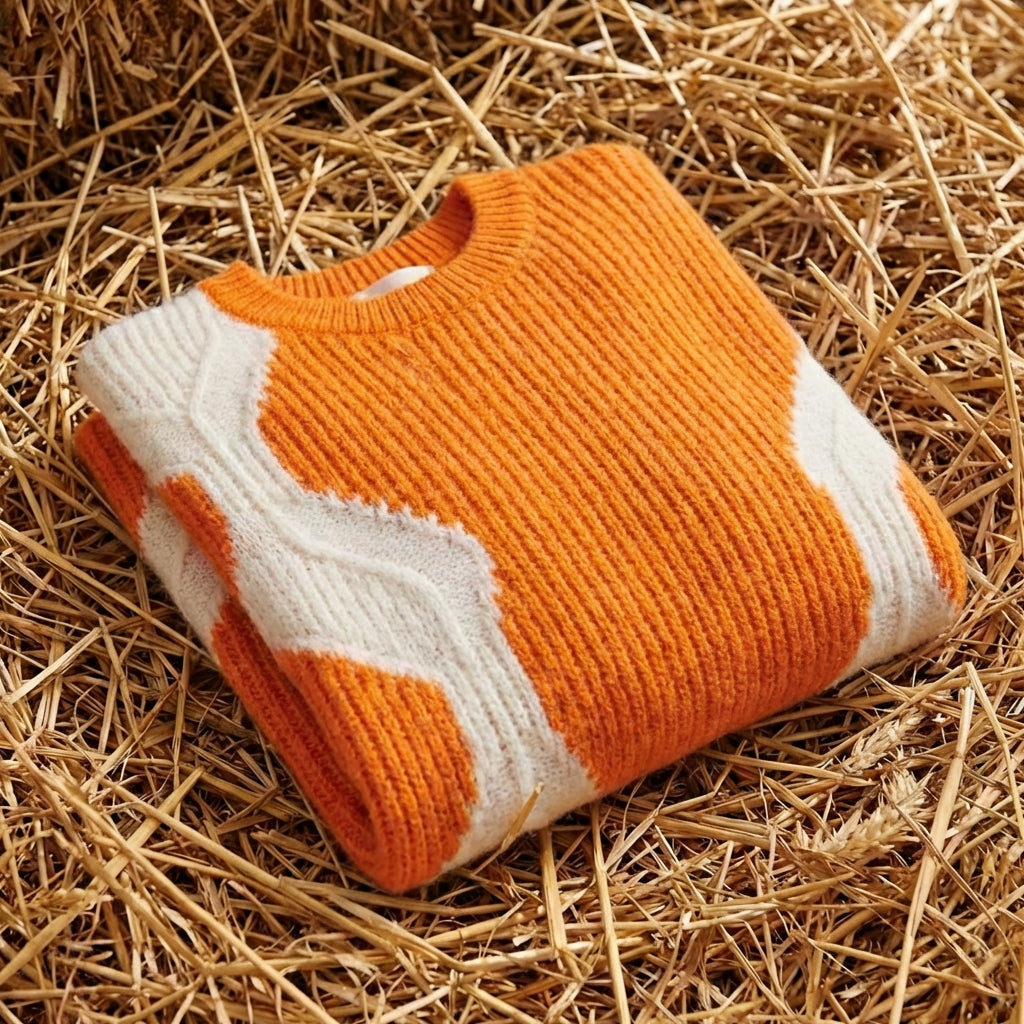 Cotton Crew Neck Sweater with Color-Block Sleeves