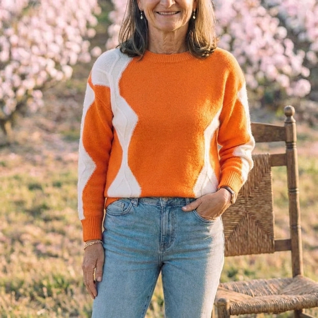 Cotton Crew Neck Sweater with Color-Block Sleeves