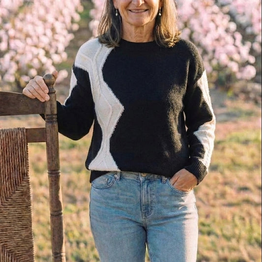 Cotton Crew Neck Sweater with Color-Block Sleeves
