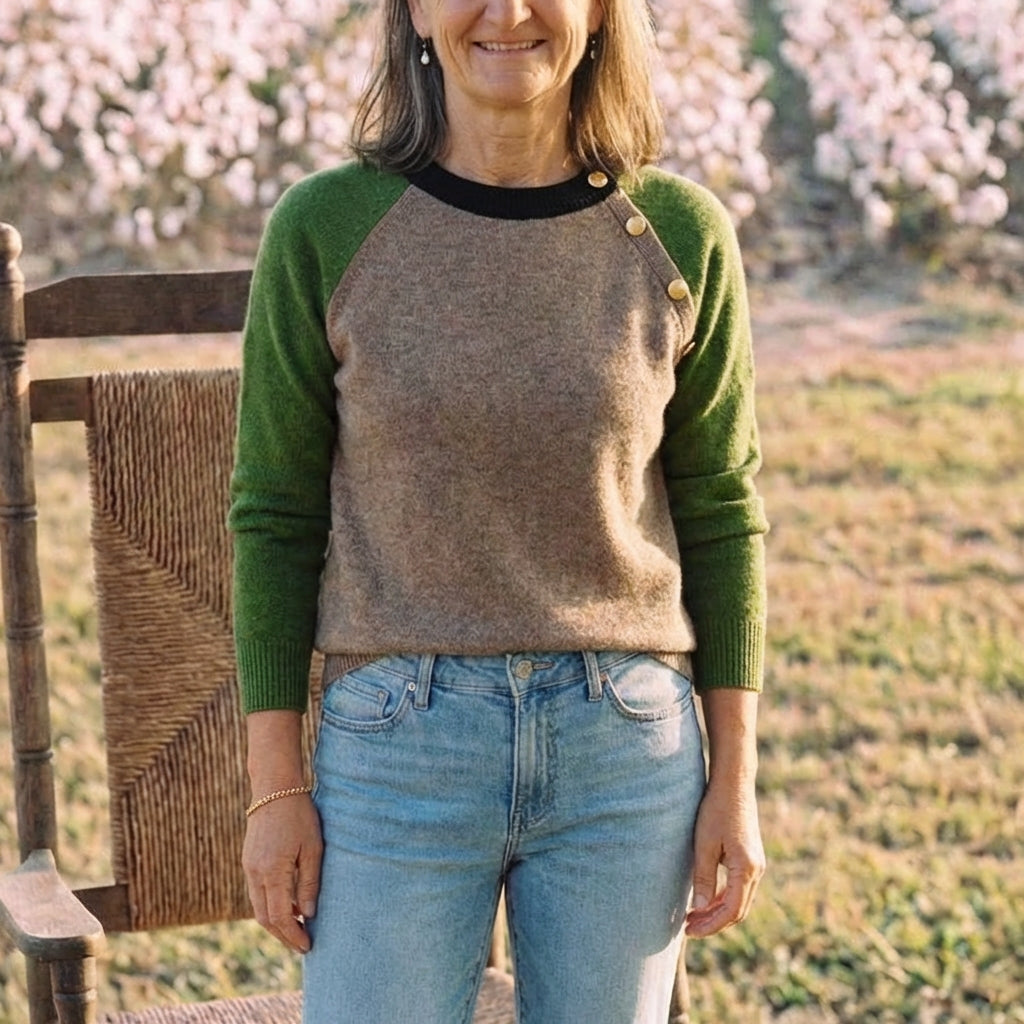 Cotton Crew Neck Sweater with Contrast Raglan Sleeves
