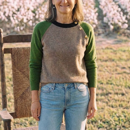 Cotton Crew Neck Sweater with Contrast Raglan Sleeves