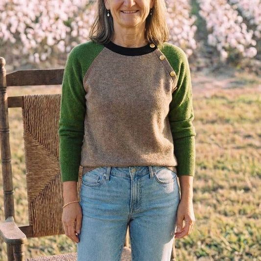 Cotton Crew Neck Sweater with Contrast Raglan Sleeves