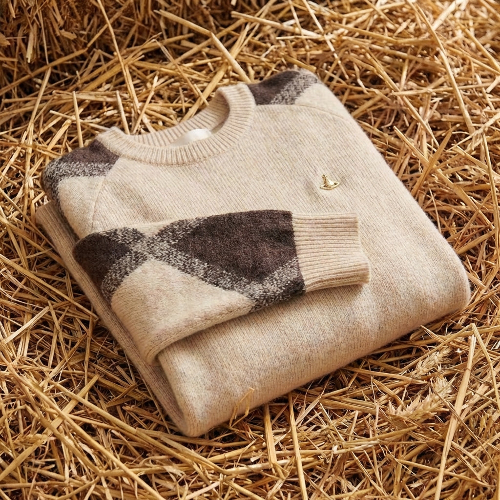 Cotton Crew Neck Sweater with Contrast Sleeve