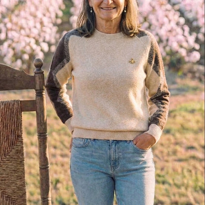 Cotton Crew Neck Sweater with Contrast Sleeve