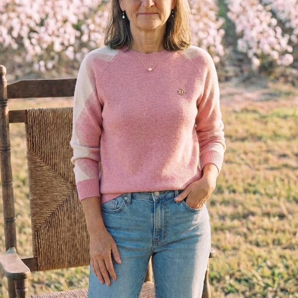 Cotton Crew Neck Sweater with Contrast Sleeve