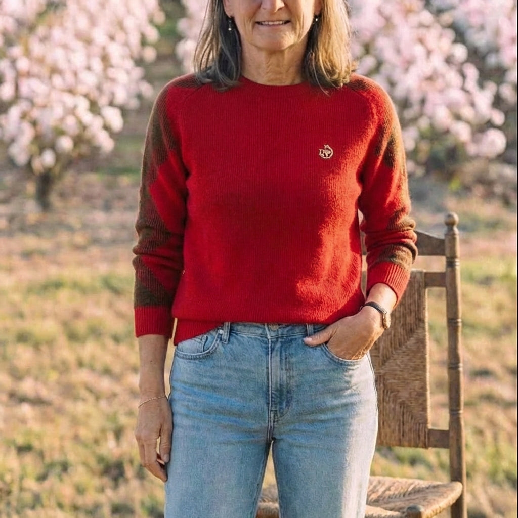 Cotton Crew Neck Sweater with Contrast Sleeve