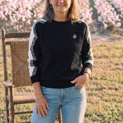 Cotton Crew Neck Sweater with Contrast Sleeve