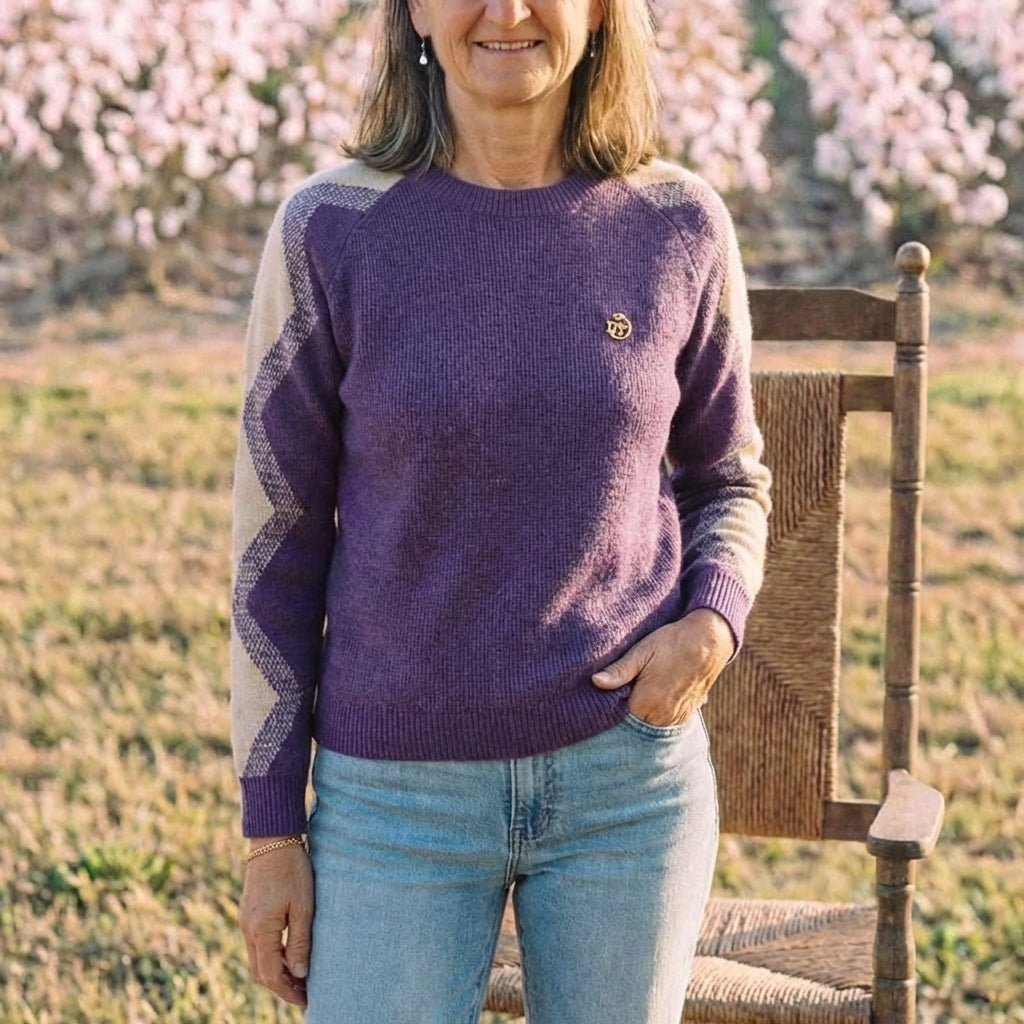 Cotton Crew Neck Sweater with Contrast Sleeve