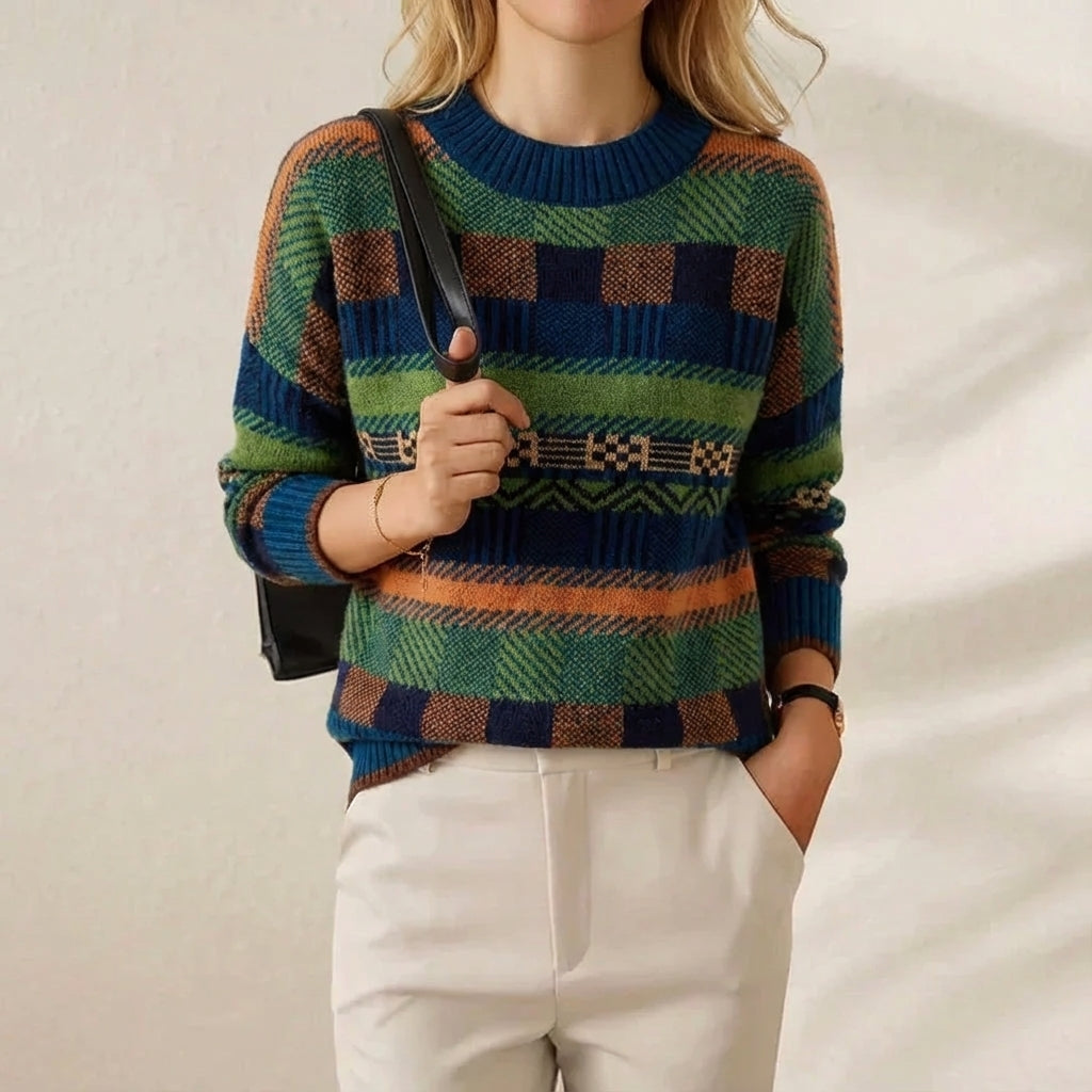 Cotton Sweater Green-Blue with Horizontal Stripes