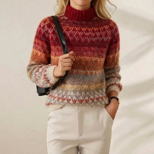 Cotton Turtleneck with Nordic Pattern Red-Brown