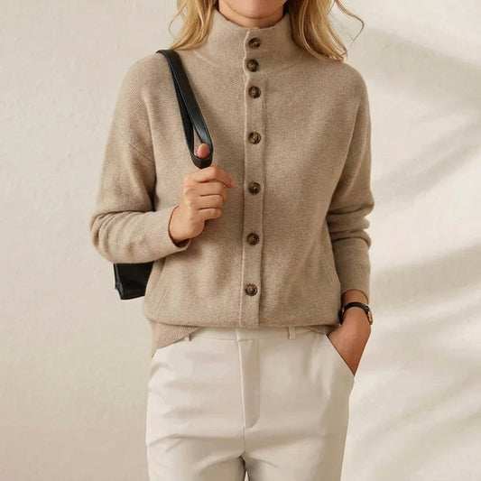 Cotton Button Cardigan in Taupe