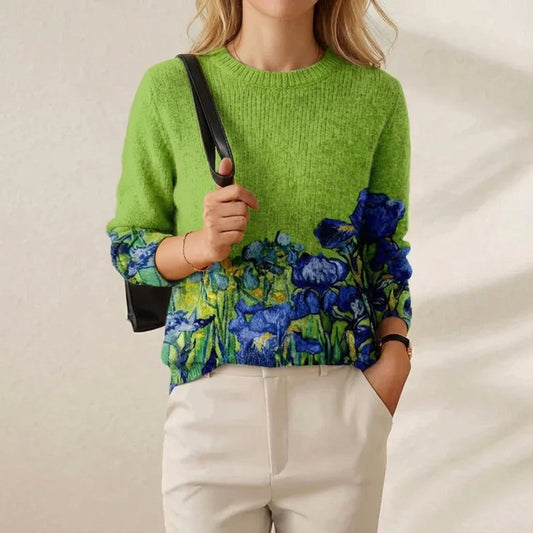 Cotton Sweater Green with Blue Flower Pattern
