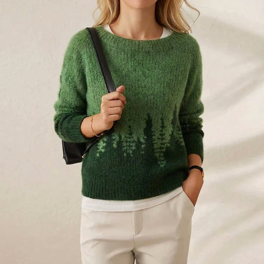 Cotton Mohair Sweater Green with Pine Tree Pattern