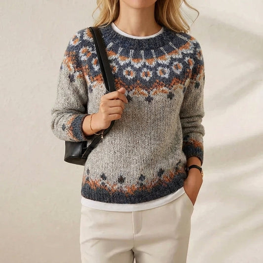 Cotton Sweater Gray with Geometric Nordic Pattern