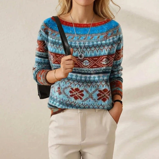 Cotton Sweater Blue-Red with Fair Isle Bands