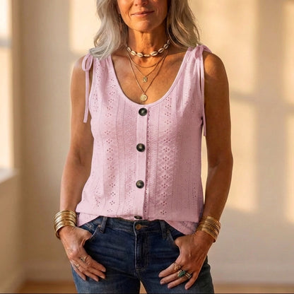 Cotton Eyelet Tank Top With Tie Straps And Button Front