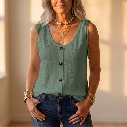 Cotton Eyelet Tank Top With Tie Straps And Button Front