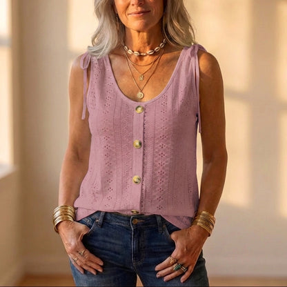 Cotton Eyelet Tank Top With Tie Straps And Button Front