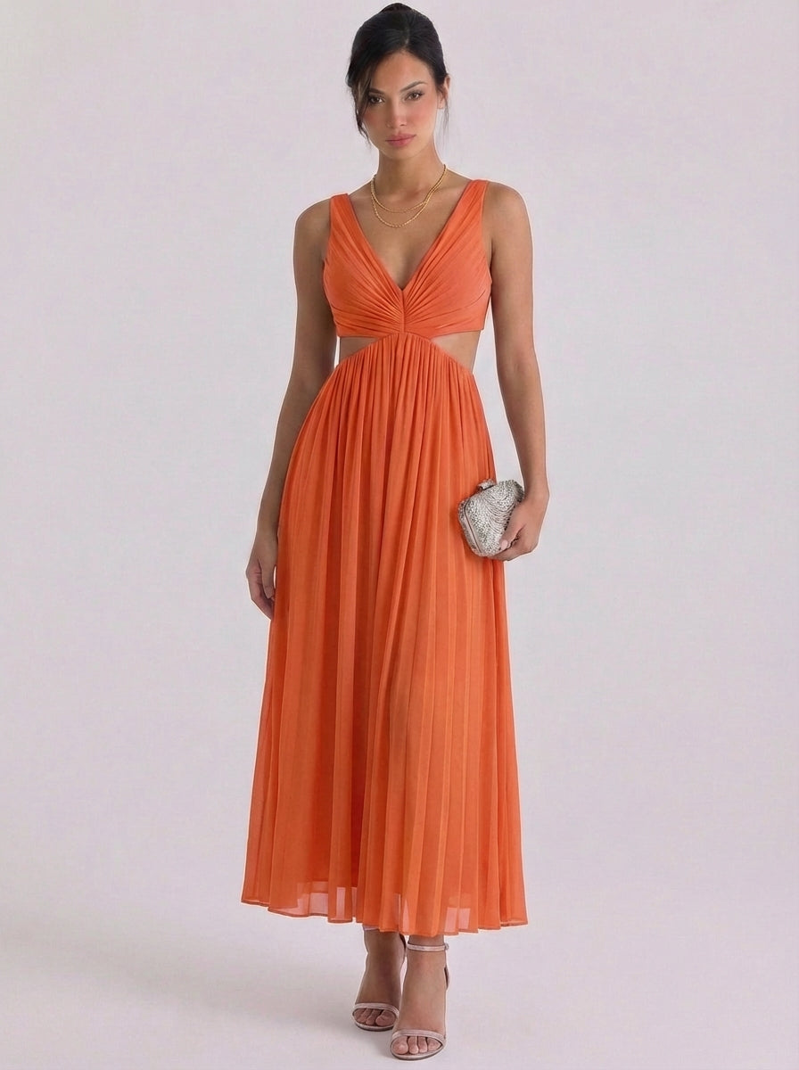 Satin Pleated Cutout Midi Dress