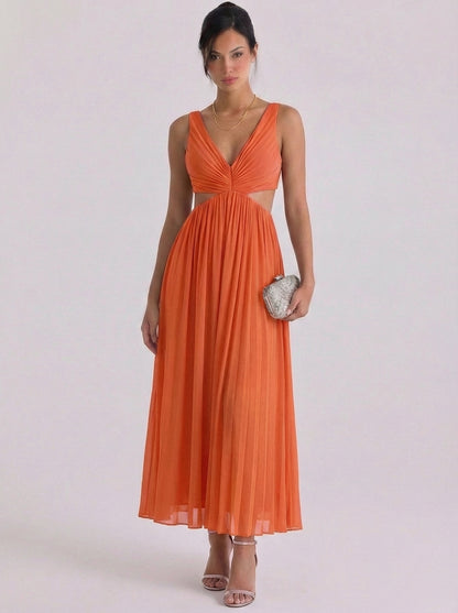 Satin Pleated Cutout Midi Dress