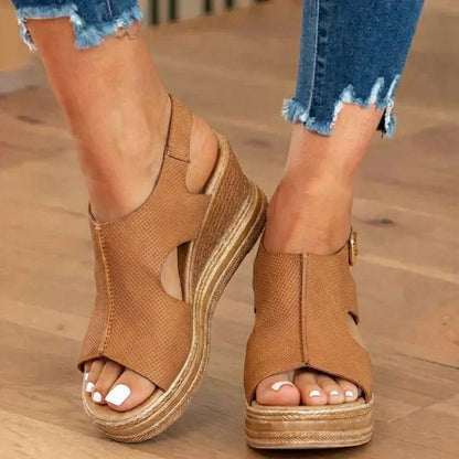 Orthopedic Platform Wedge Sandals - Espadrille Trim & Buckle Strap