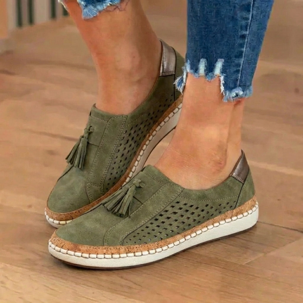 Orthopedic Leather Slip-On Sneakers - Tassel & Perforated Detail