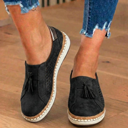 Orthopedic Leather Slip-On Sneakers - Tassel & Perforated Detail