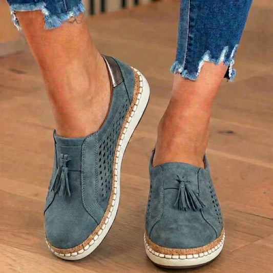Orthopedic Leather Slip-On Sneakers - Tassel & Perforated Detail