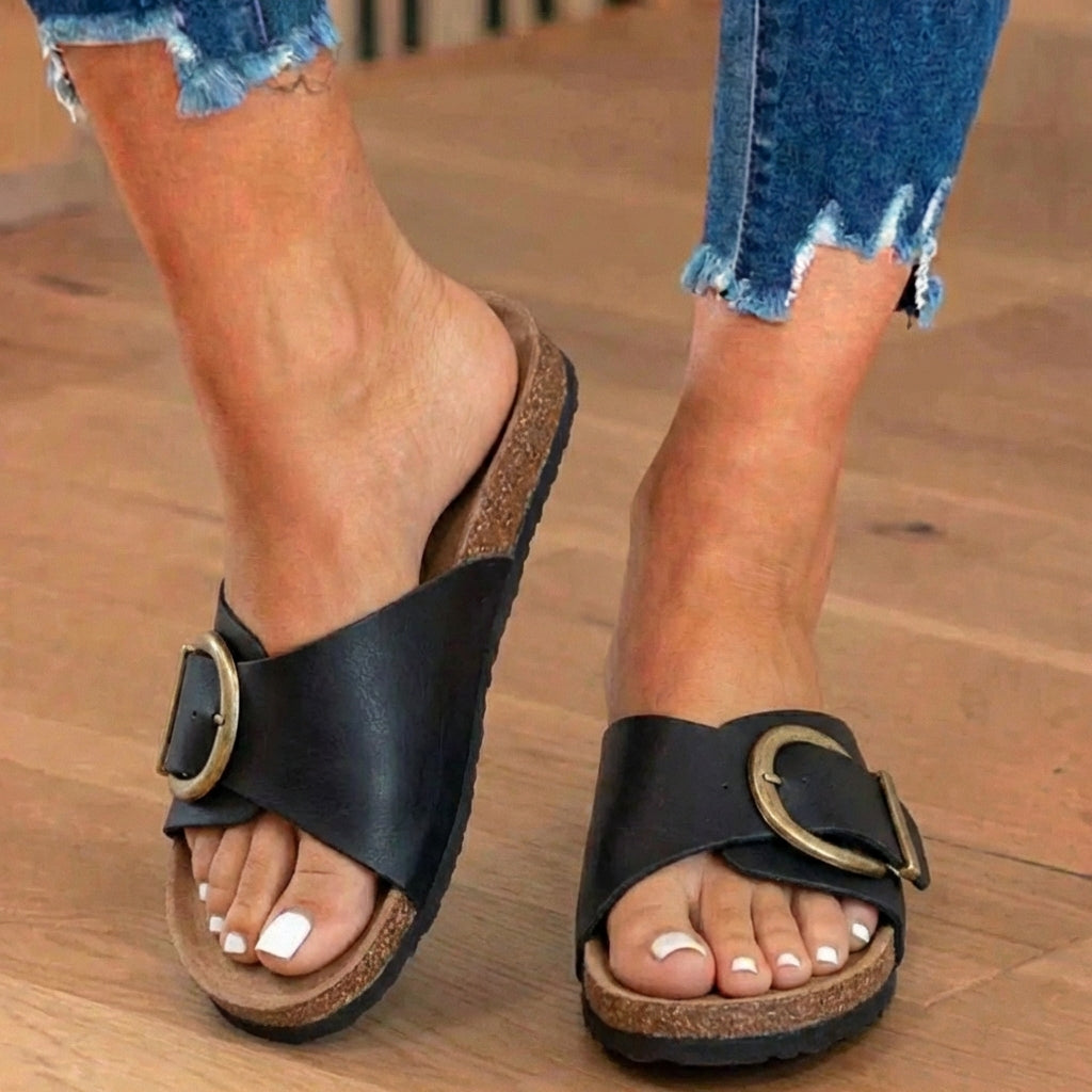 Orthopedic Leather Cork Slide Sandals - Oversized Buckle Detail