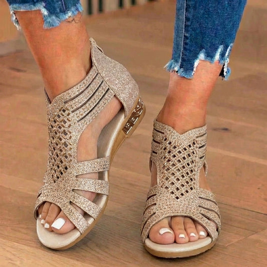 Orthopedic Glitter Gladiator Wedge Sandals - Multi-Strap Geometric Cutout