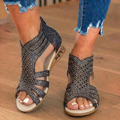 Orthopedic Glitter Gladiator Wedge Sandals - Multi-Strap Geometric Cutout