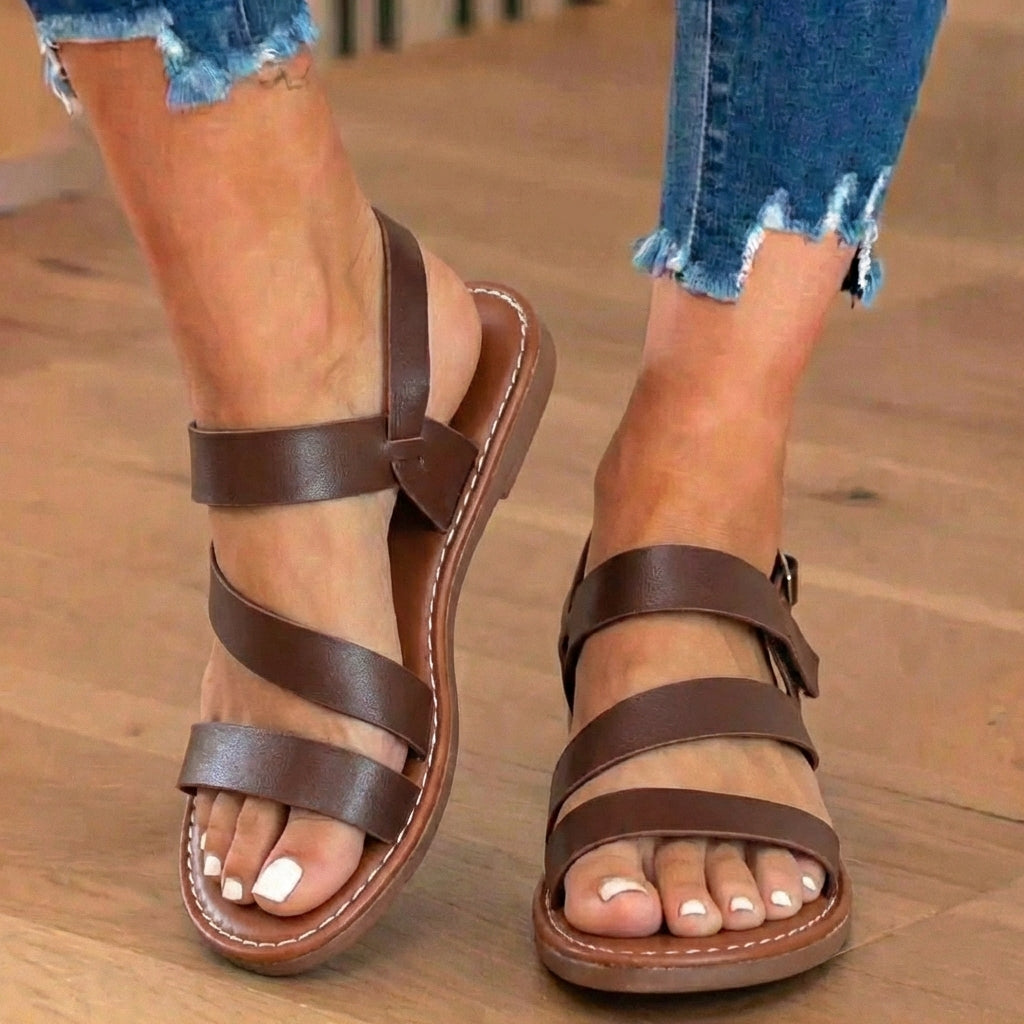Orthopedic Leather Multi-Strap Sandals - Triple Buckle Closure