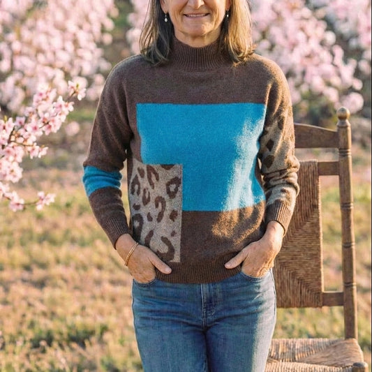 Cotton Crew Neck Sweater with Color-Block Pattern