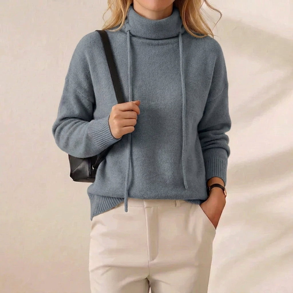 Glacial Drawstring Cowl Slate Blue Hooded Knit Sweater