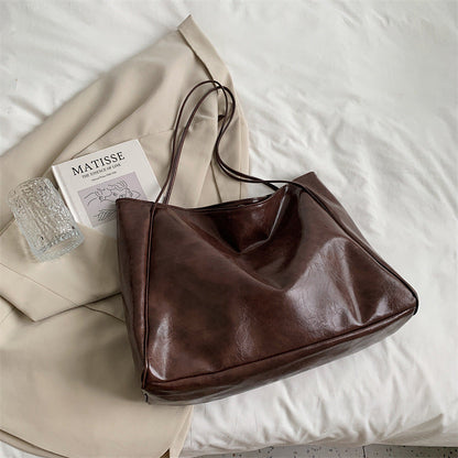 Glazed Leather Oversized Slouch Tote Bag – Minimalist Open Top Shoulder
