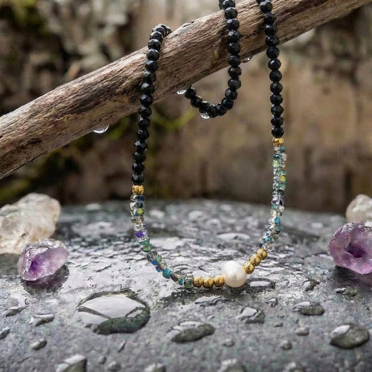 Gold & Pearl Black Bead Necklace