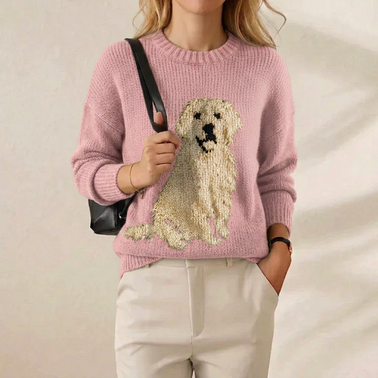 Golden Retriever Intarsia Crew Neck Sweater – Blush Pink