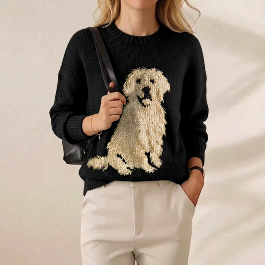 Golden Retriever Intarsia Crew Neck Sweater – Midnight Black