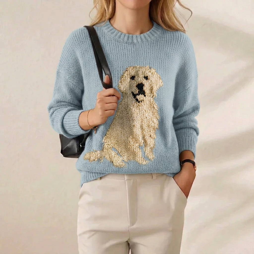 Golden Retriever Intarsia Crew Neck Sweater – Sky Blue